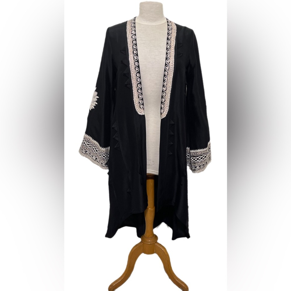 Exotic Black silk embroidered duster coat M-L